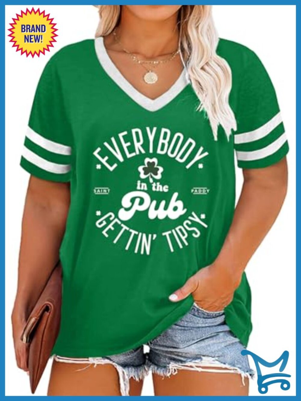 St Patricks Day Shamrock V Neck Short Sleeve Tee Loose Fit
